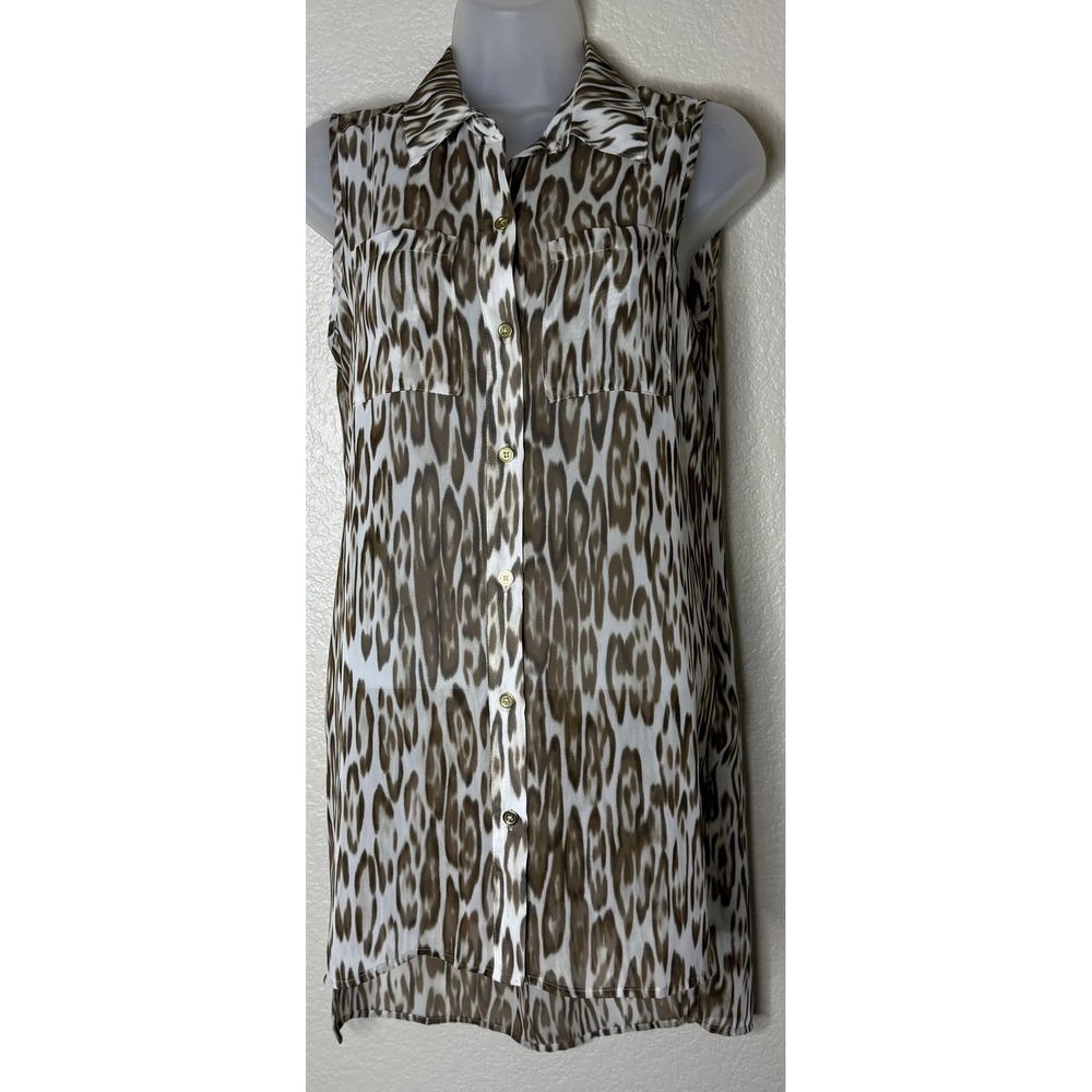 Chicos 00 US XS Sleeveless Button Down Tunic Brown Leopard Animal Print Top‎